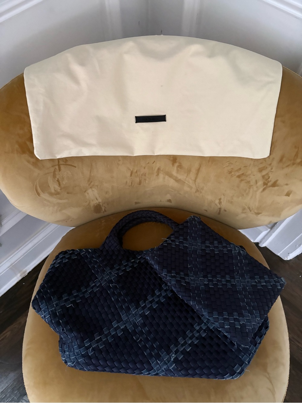 Naghedi Navy Woven Tote with Faded Plaid Detail - Picture 9 of 11